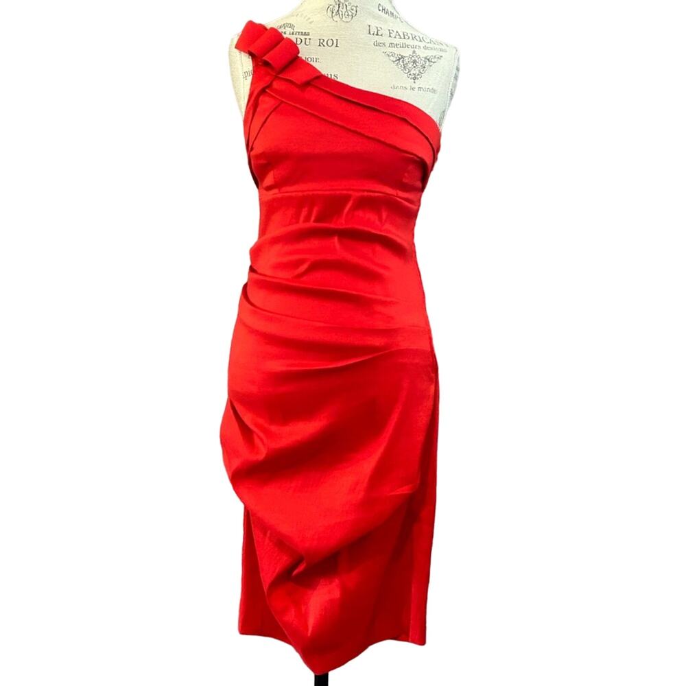 Betsy & Adam vintage red one shoulder gown cocktail dress bow ruched size 10
